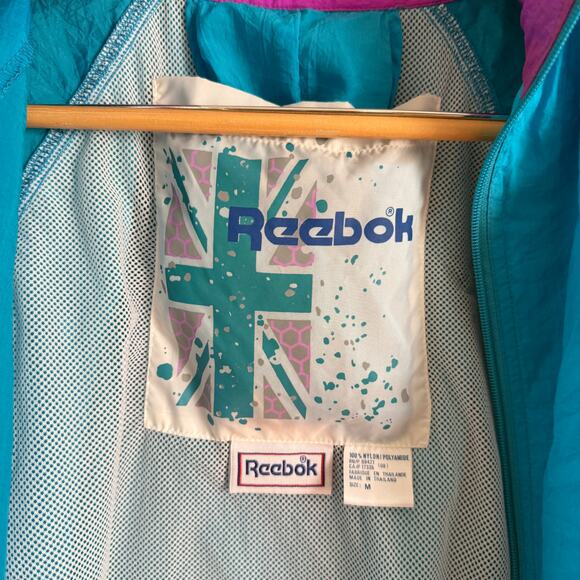 90s Vintage REEBOK | Turquoise Blue Windbreaker Jacket with Packable Hood Medium - Picture 6 of 6